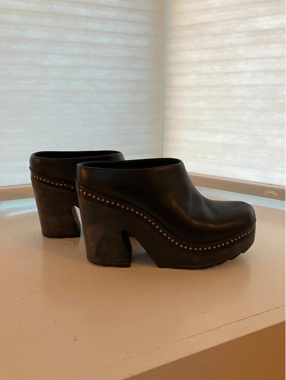 Rag & Bone Womens 10 Platform Clog Mules Black Leather Wood Studded Heel